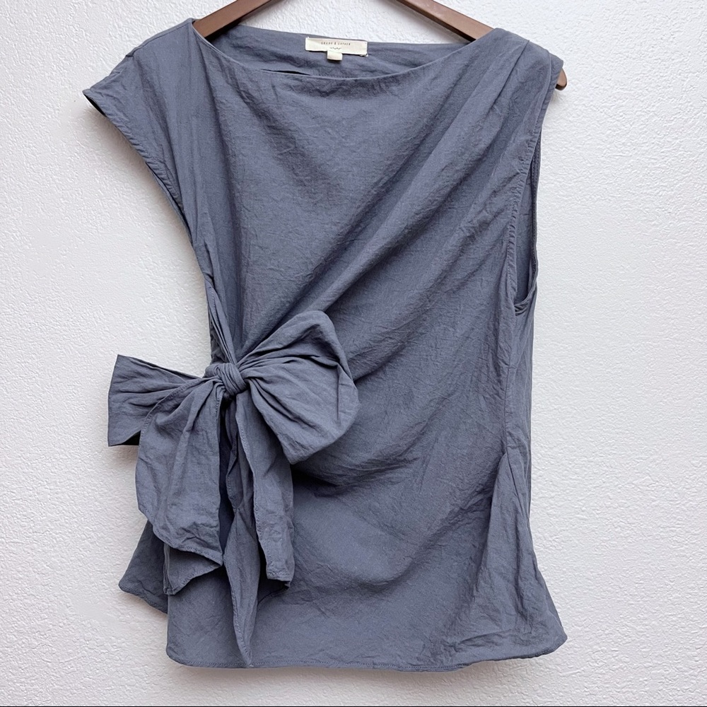 Grade & Gather Boutique Sleeveless Asymmetrical Linen Blend Bow Wrap Top
